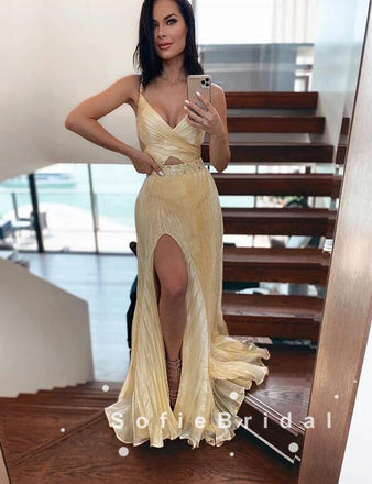 New Arrival A-Line Spaghetti Straps Split Side Cheap Long Prom Dresses With Beading,SFPD0057