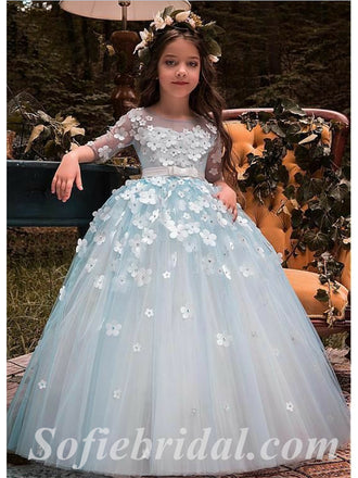 Lovely Tulle 3/4 Sleeve A-Line Flower Girl Dresses, FGS0034