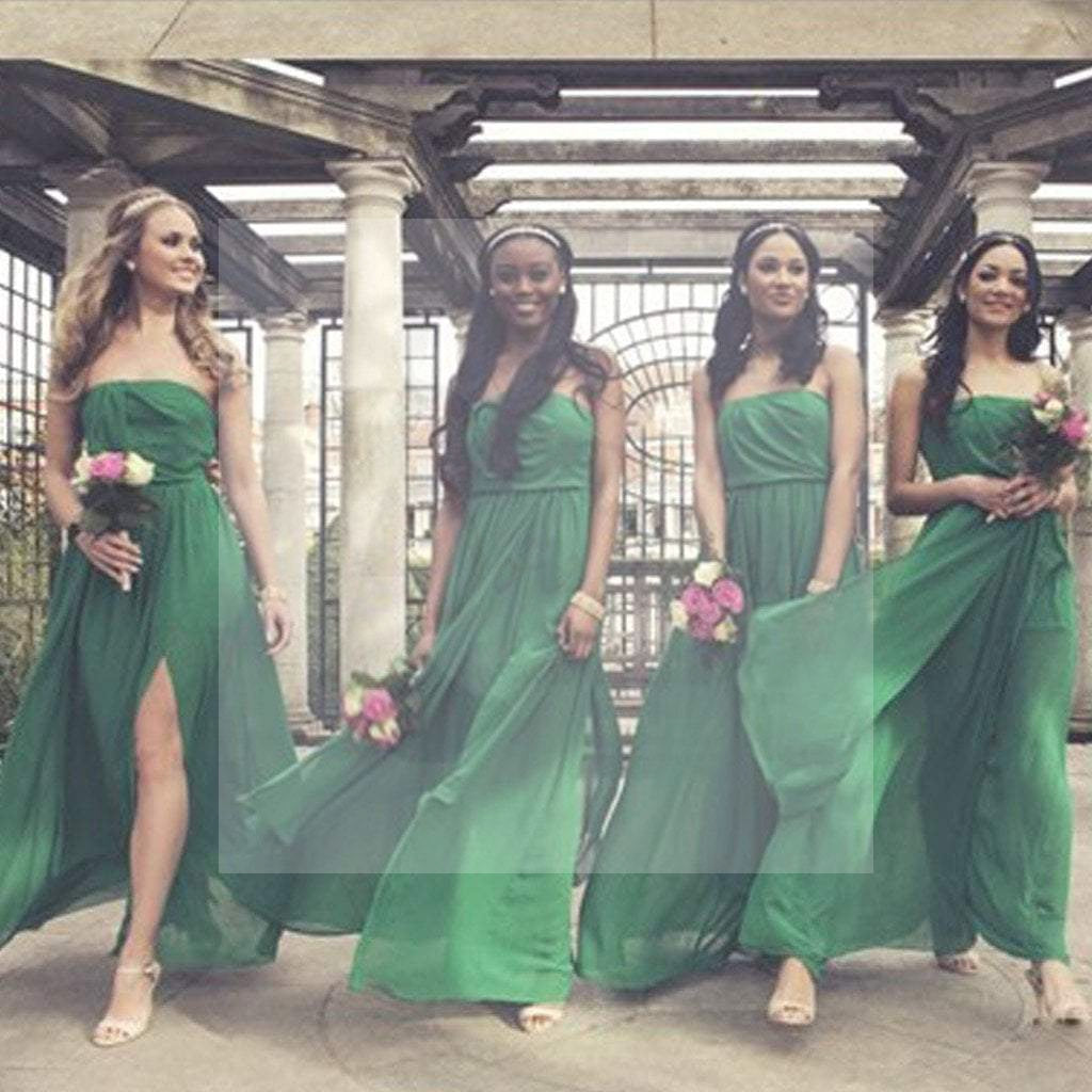 On Sale Side Split Straight Neckline Green Chiffon Pleating Long Wedding Guest Dresses, WG57