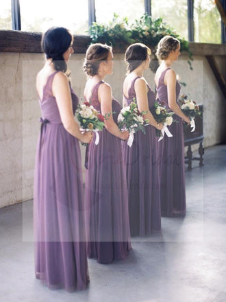 Long A-line V-neck Sleeveless Lace Chiffon Elegant Bridesmaid Dresses, Wedding Guest Dresses, WG171