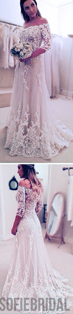 Stunning Off Shoulder Half Sleeve Long A-line Wedding Party Dresses, WD0059