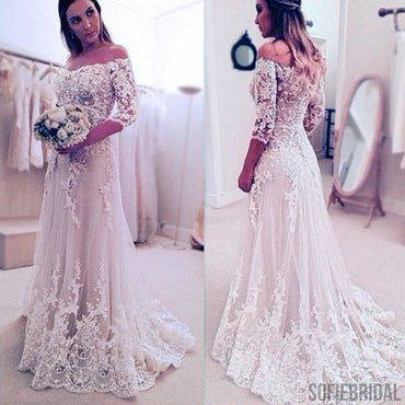Stunning Off Shoulder Half Sleeve Long A-line Wedding Party Dresses, WD0059