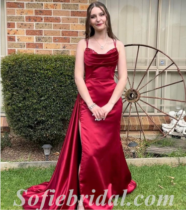 Sexy Burgandy Satin Spaghetti Straps Sleeveless Side Slit Mermaid Long Prom Dresses,SFPD0528