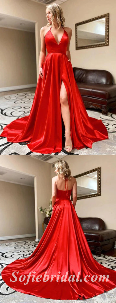 Sexy Red Satin Halter V-Neck Side Slit A-Line Long Prom Dresses With Pockets,SFPD0477