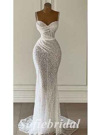 Sexy White Tulle Sequin Lace Spaghetti Straps V-Neck Sleeveless Mermaid Long Prom Dresses, PD0871