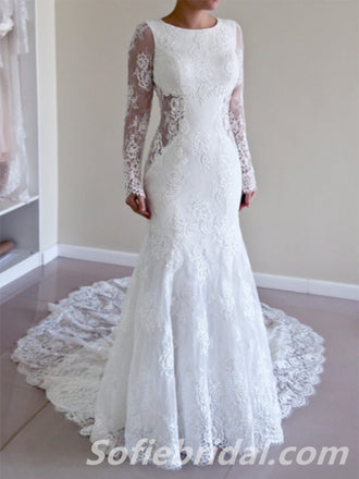 Gorgeous Tulle And Lace Jewel Long Sleeves Open Back Mermaid Long Wedding Dresses,SFWD0063