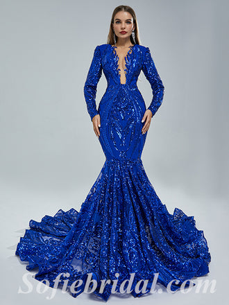 Elegant Royal Blue Special Fabric Long Sleeve V-Neck Mermaid Long Prom Dresses,SFPD0342