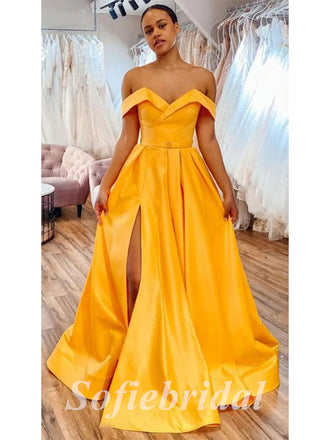 Sexy Satin Off Shoulder V-Neck Sleeveless Side Slit A-Line Long Prom Dresses,PD0772