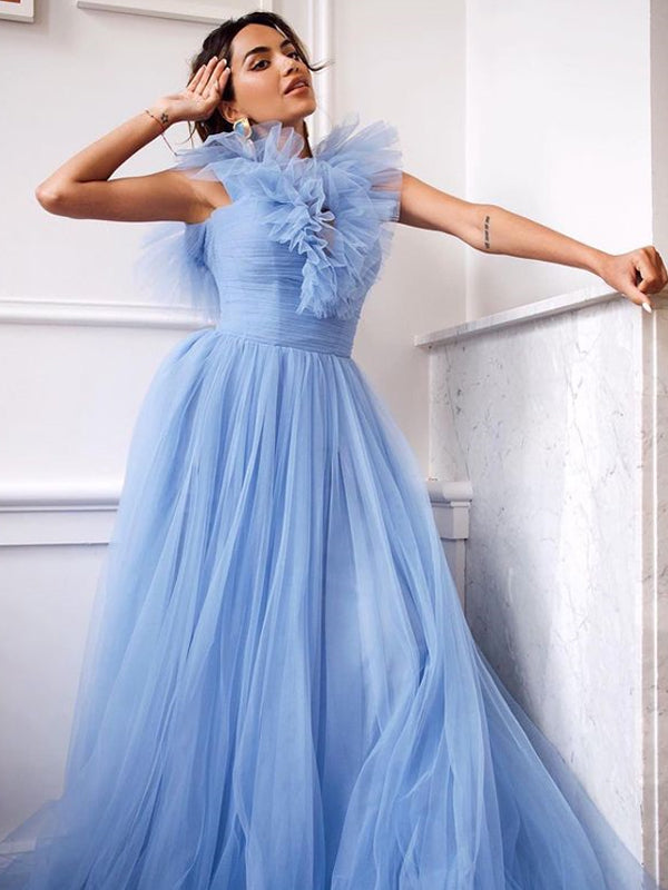 Popular A-line Tulle Simple Long Prom Dresses,For Party,SFPD0120