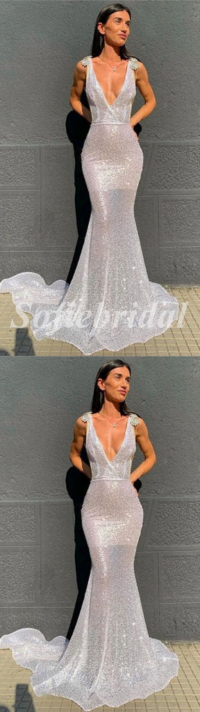 Sexy Shiny Special Fabric Spaghetti Straps Deep V-Neck Sleeveless Mermaid Long Prom Dresses, PD0818