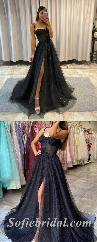 Sexy Black Sequin Tulle Spaghetti Straps Sleeveless Side Slit A-Line Long Prom Dresses With Applique,SFPD0558