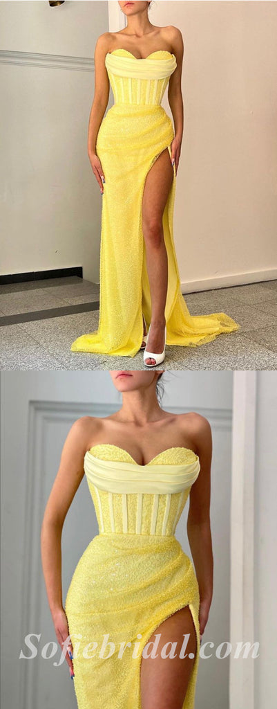 Sexy Yellow Special Tulle Sweetheart Sleeveless Side Slit Mermaid Long Prom Dresses,SFPD0565