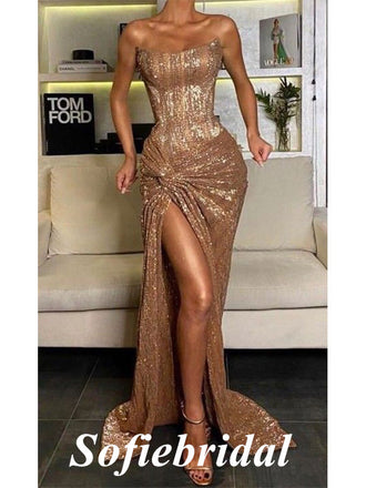 Sexy Sequin Sweetheart Sleeveless Side Slit Mermaid Long Prom Dresses,SFPD0726
