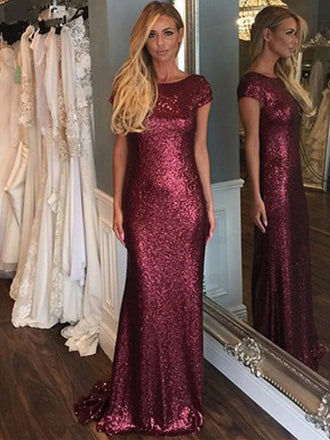 Short Sleeve Mermaid Sexy Pretty Women Sequin Custom Make Long Cheap Bridesmaid Dresses, WG75