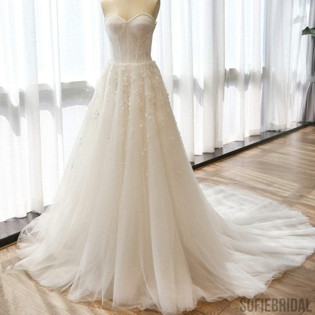 Charming Sweetheart Long A-line Appliques Ivory Tulle Wedding Dresses, WD0153