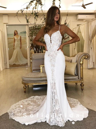Mermaid Spaghetti Straps Long Wedding Dresses With Lace,SFWD0005