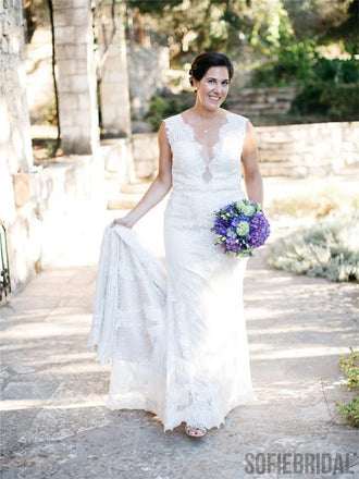 Newest V-neck Sleeveless See-though Back Lace Wedding Dresses, WD0474