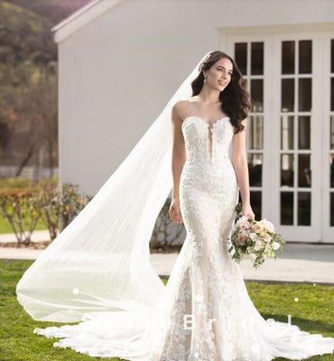 Sexy Mermaid Sweetheart Lace Sweep Train Wedding Dresses,SFWD0006