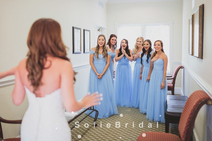 Simple A-Line Off The Shoulder Tulle Long Bridesmaid Dresses,SFWG0006