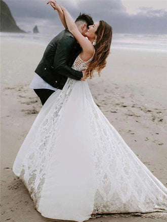 A-line V-neck Spaghetti Straps Lace Long Wedding Dresses, WD0494