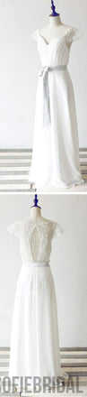 Simple Long A-line White Chiffon Wedding Party Dresses, Cap Sleeve Lace Bridal Gown, WD0062