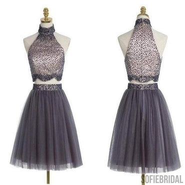 Popular grey halter two pieces beaded vintage unique style homecoming prom gowns dress,BD0062