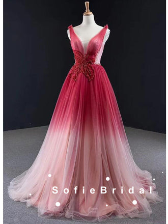 A-Line V-Neck Sleeveless Red Ombre Tulle Cheap Prom Dresses With Beading,SFPD0063