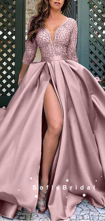 A-Line V-Neck 3/4 Sleeves Split Side Long Prom Dresses With Lace,SFPD0064