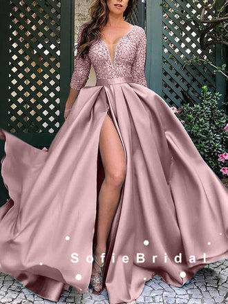 A-Line V-Neck 3/4 Sleeves Split Side Long Prom Dresses With Lace,SFPD0064