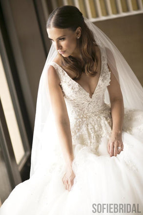 V-neck Long A-line Tulle Lace Wedding Dresses With Pearls, WD0300