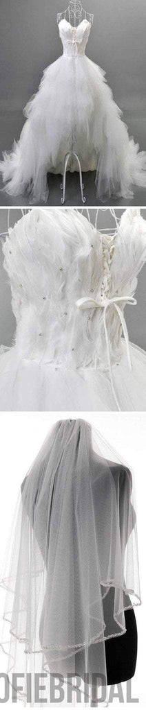 Unique Style Hi-low Sweetheart White Tulle Strapless Wedding Dresses With Feather, WD0067