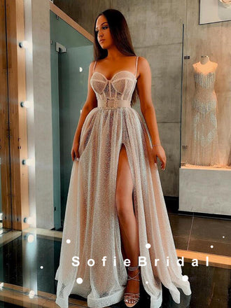 Shinny A-Line Sweetheart Spaghetti Straps Split Side Custom Long Prom Dresses,SFPD0067