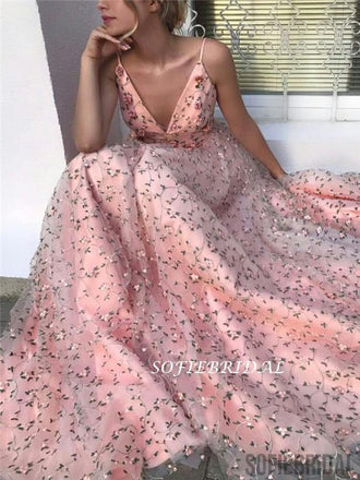 A-line Spaghetti Straps V-neck Long Tulle Embroidery Prom Dresses, PD1027