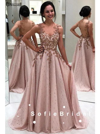 Elegant A-Line V-Neck Straps Custom Long Prom Dresses With Beading,SFPD0069
