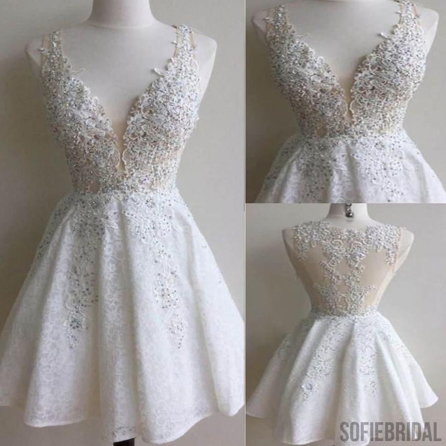 Popular white lace gorgeous v-neck see through homecoming dresses, SF0019
