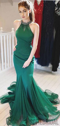 Halter Mermaid Long Emerald Green Prom Evening Dresses, PD0918