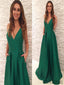 V-neck Green Satin Prom Dresses, A-line Prom Dresses, Long Prom Dresses, Cheap Prom Dresses, PD0601