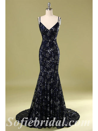 Sexy Special Fabric Spaghetti Straps V-Neck Criss-Cross Lace Up Back Mermaid Long Prom Dresses,SFPD0417