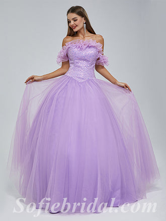 Purple Sequin Tulle Sweetheart Off Shoulder A-Line Long Prom Dresses,SFPD0344