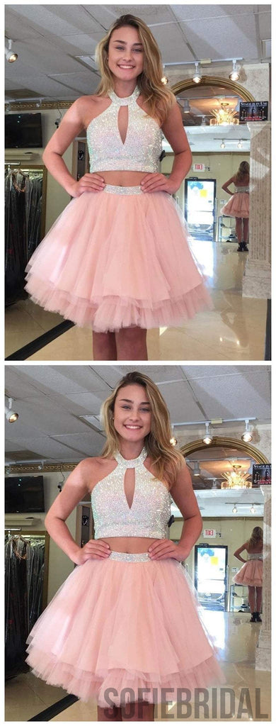Cute Halter Two Piece Beaded Short Pink Homecoming Dresses 2018, CM488