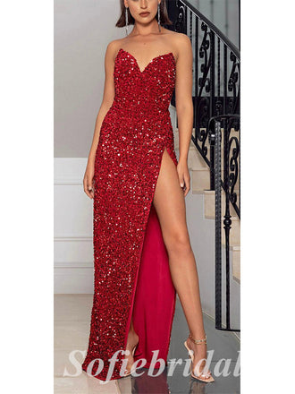 Sexy Sequin Sweetheart V-Neck Side Slit Mermaid Long Prom Dresses,PD0762