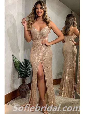 Sexy Sequin Spaghetti Straps V-Neck Split Mermaid Long Floor Length Prom Dresses,SFPD0249