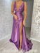 Sexy Satin Spaghetti Straps Deep V-Neck Sleeveless Side Slit Mermaid Long Prom Dresses,SFPD0572