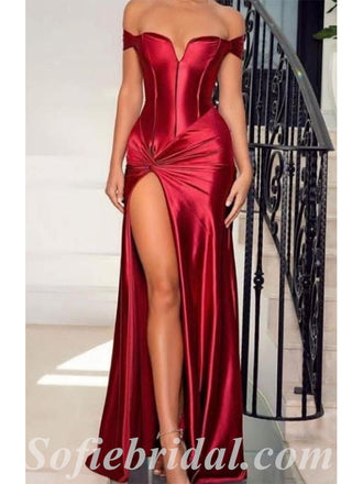 Sexy Rust Satin Off Shoulder V-Neck Sleeveless Side Slit Sheath Long Prom Dresses ,SFPD0502