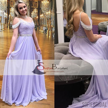 Lilac Off Shoulder Chiffon Off Shoulder Lace Beaded Prom Dress, A-line Prom Dresses, PD0446