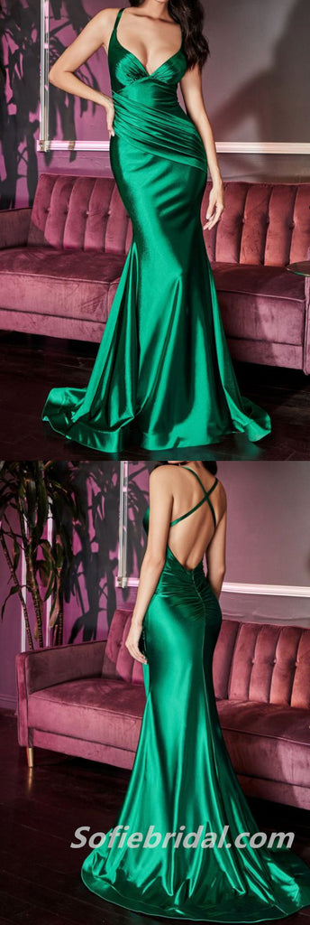 Sexy Soft Satin Strapless V-Neck Criss Cross Mermaid Long Prom Dresses With Pleats,SFPD0224