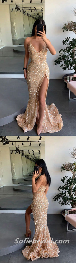 Shiny Sequin Spaghetti Straps V-Neck Side Slit Mermaid Long Prom Dresses,SFPD0313