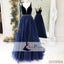 Navy Blue V-neck Top Tulle A-line Prom Dresses, Simple Design Long Prom Dresses, PD0387