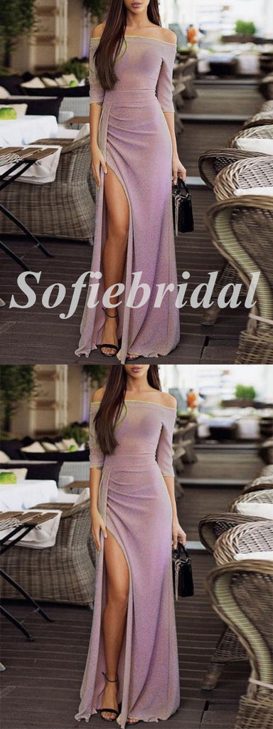 Sexy Shiny Special Fabric Off Shoulder Half Sleeve Side Slit Mermaid Long Prom Dresses, PD0849