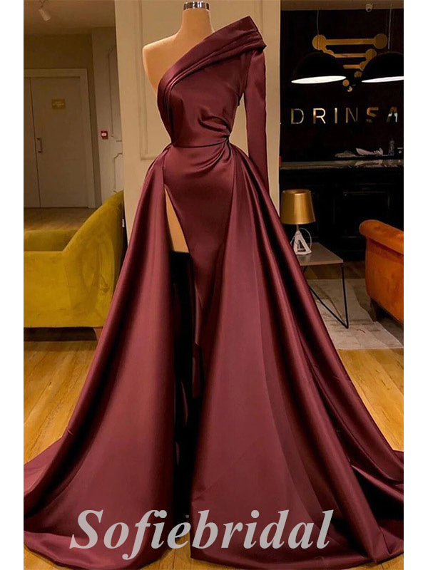 Sexy One Shoulder Long Sleeve Side Slit Mermaid Long Prom Dresses With Trailing,SFPD0704